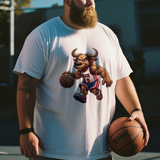 Dunking Bull Basketball T-Shirt Hoops Enthusiast Cartoon Bull Tee Big & Tall