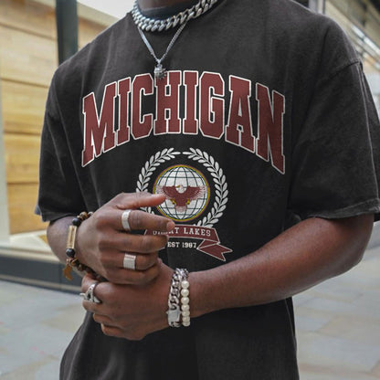 Michigan Letter Print Men's Loose Fit T-shirt Big & Tall