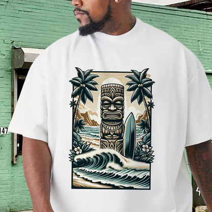 Tropical Beach Tiki Statue with Surfboard Men's Tee Big & Tall