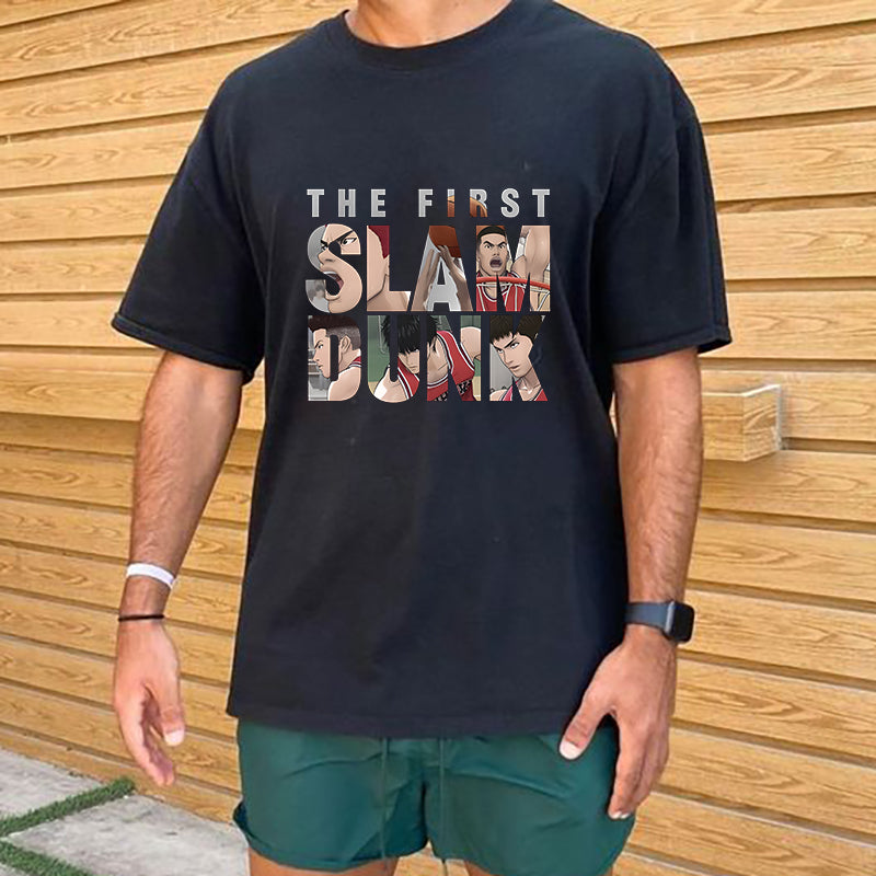 Slam Dunk Animated Basketball Player Print Black Tee Big & Tall
