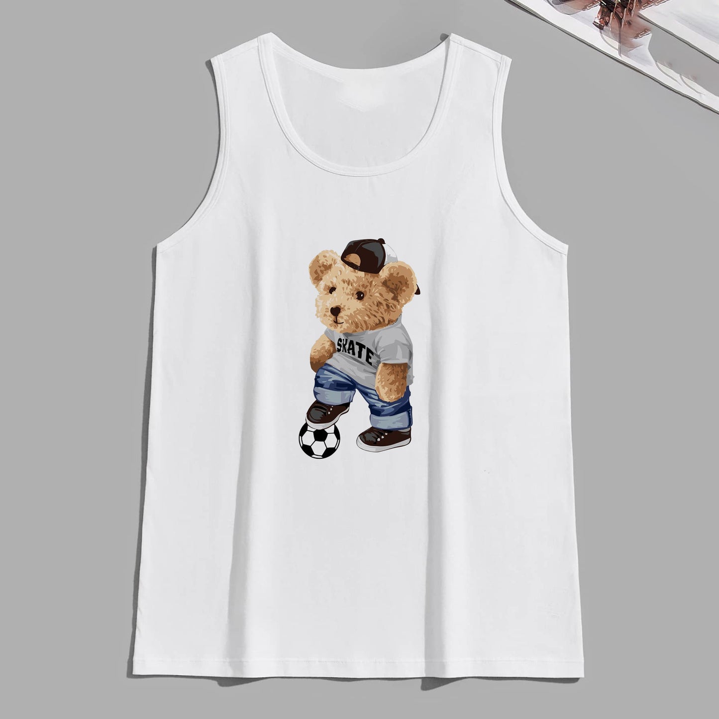 Teddy Bear Playing Soccer Printed Tank Top-A