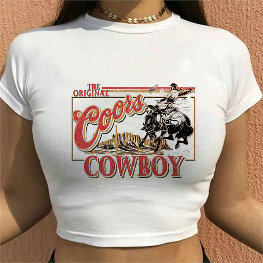 Vintage Cowboy Print Lady's Crop Tee