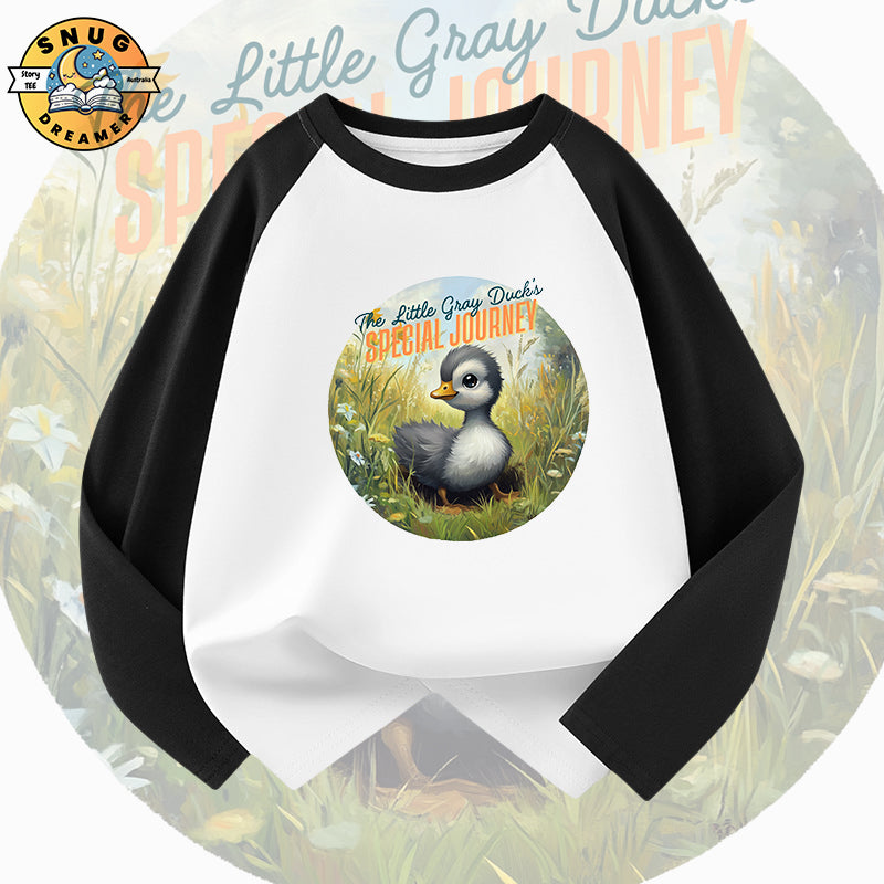 The Little Gray Duck Raglan QR Code Story Tee for Kids