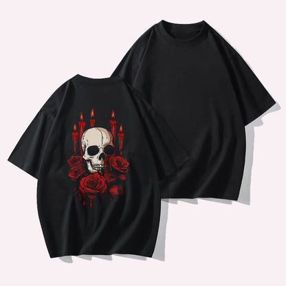 Skull and Red Roses Print Women's Black Tee