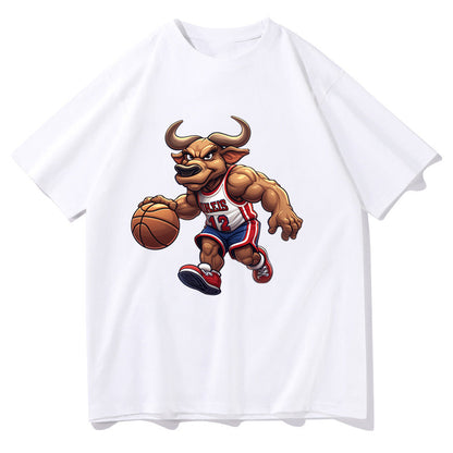 Dunking Bull Basketball T-Shirt Hoops Enthusiast Cartoon Bull Tee Big & Tall