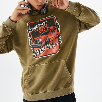 Heavyweight Stonewashed Distressed Hoodie with Car Print