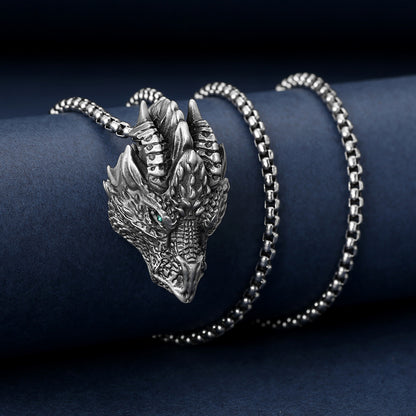 Men's Viking Green Eye Dragon Head Necklace