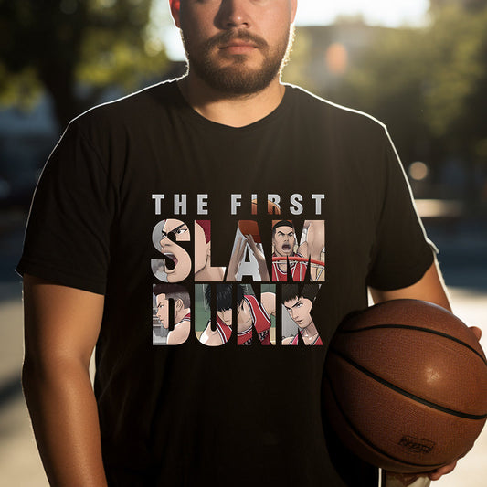 Slam Dunk Animated Basketball Player Print Black Tee Big & Tall