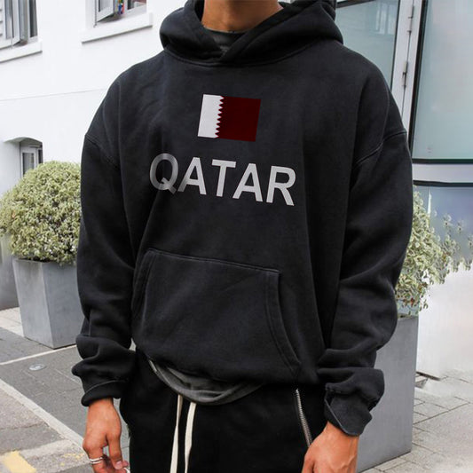 Qatar Letter Print Men's Fleece Black Hoodie