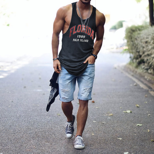 FLORIDA Letter Graphic Print Crew Neck Casual Tank Top-A