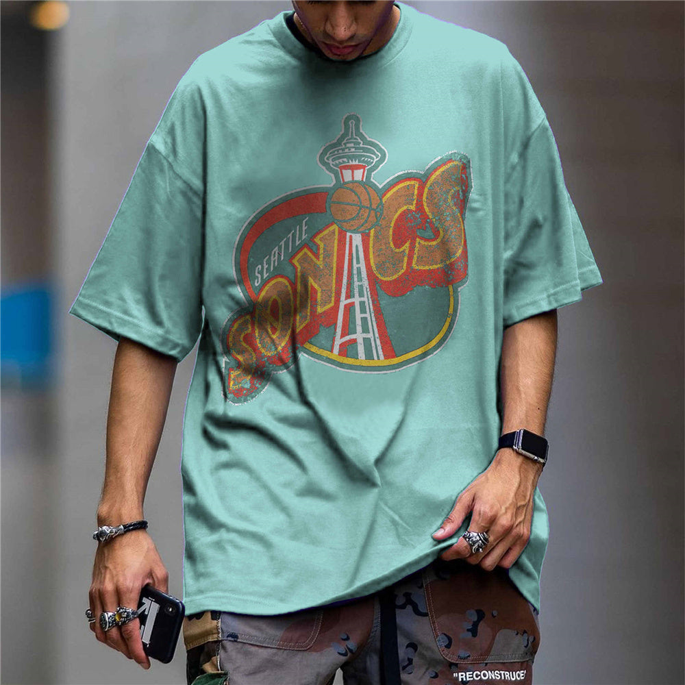 Personality Punk Casual Street Retro Print Round Neck Short Sleeve T-Shirt