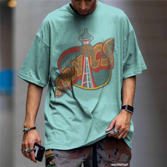 Personality Punk Casual Street Retro Print Round Neck Short Sleeve T-Shirt