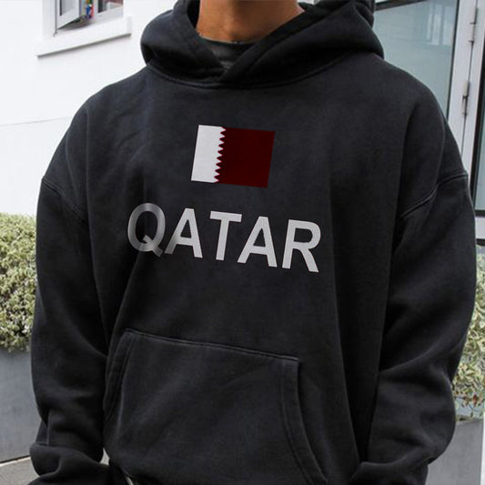 Qatar Letter Print Men's Fleece Black Hoodie