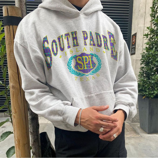 South Padre Island Print Men's Oversize Fleece Hoodie Grey 320g