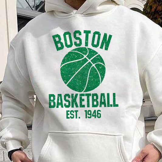 "BOSTON" Basketball Graphic Print Men's Casual Hooded Sweatshirt