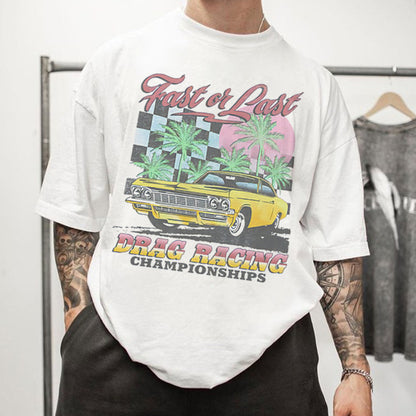 Checkerboard Car Graphic Casual Loose Short Sleeve Men's T-Shirt