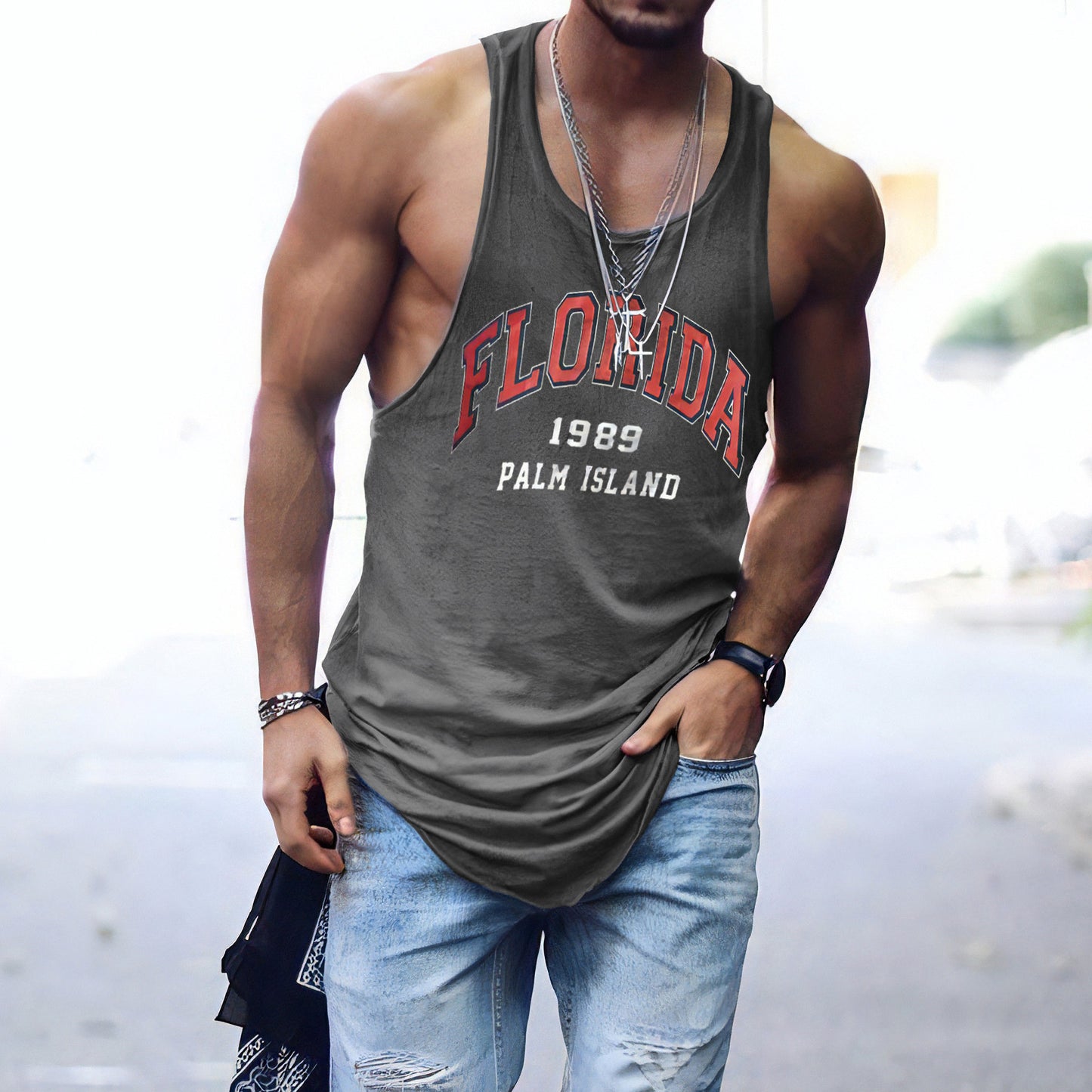 FLORIDA Letter Graphic Print Crew Neck Casual Tank Top-A