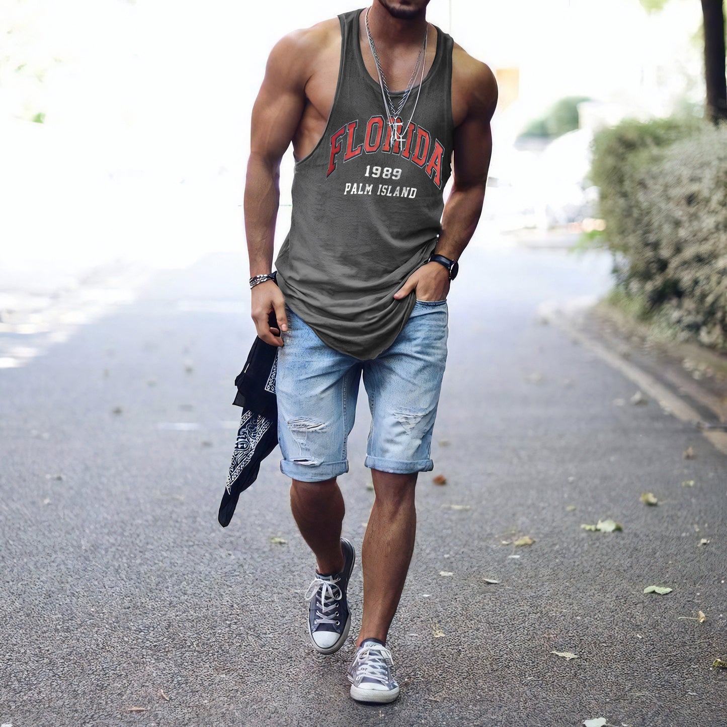 FLORIDA Letter Graphic Print Crew Neck Casual Tank Top-A