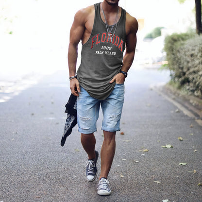 FLORIDA Letter Graphic Print Crew Neck Casual Tank Top-A