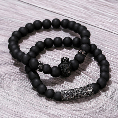 Fashion Men's Black Scrub Lion Head Stretch Bracelet